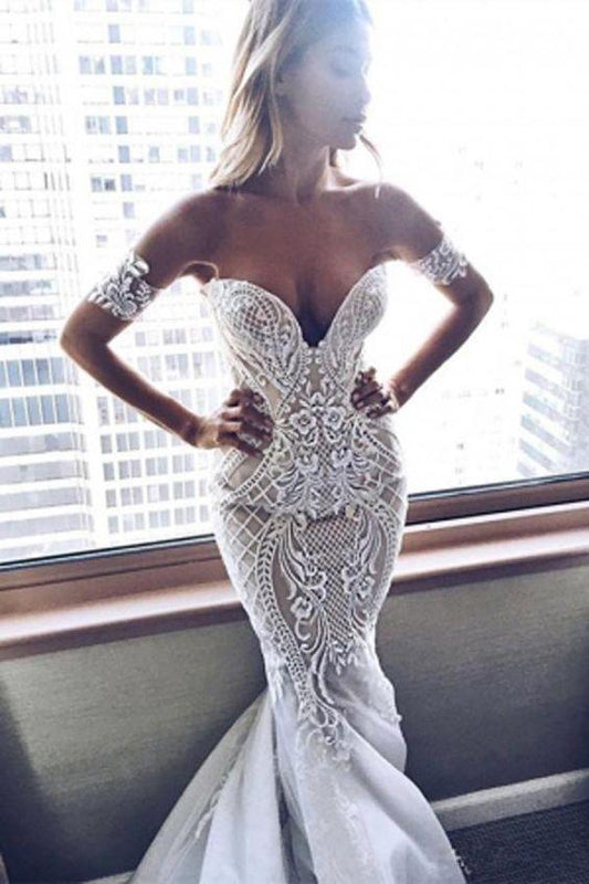 Gorgeous White Lace Mermaid Sweetheart Neck Wedding Dresses Prom Dresses CD23143