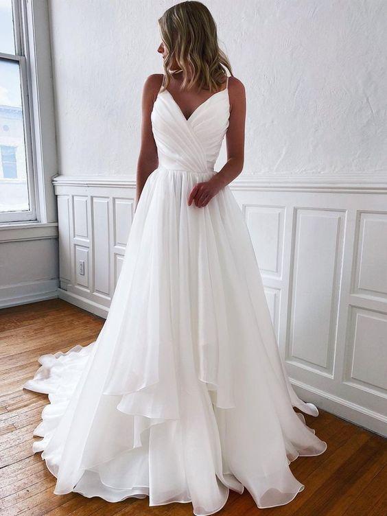 A Line V Neck White Wedding Dresses, V Neck White Prom Formal Dresses CD23187