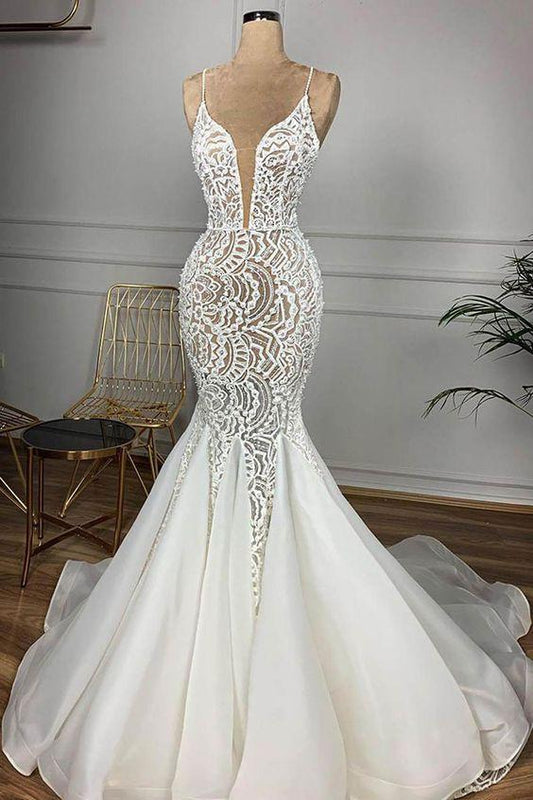 Spaghetti Straps Lace Wedding Dresses Ivory Sleeveless Bridal Gowns With Appliques Prom Dress CD23191