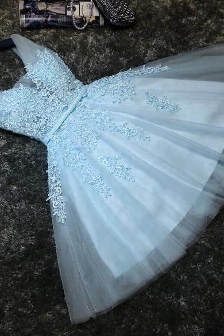 Lovely Blue Tulle V-neckline Short Party Dress, Tulle With Lace Homecoming Dress CD23196