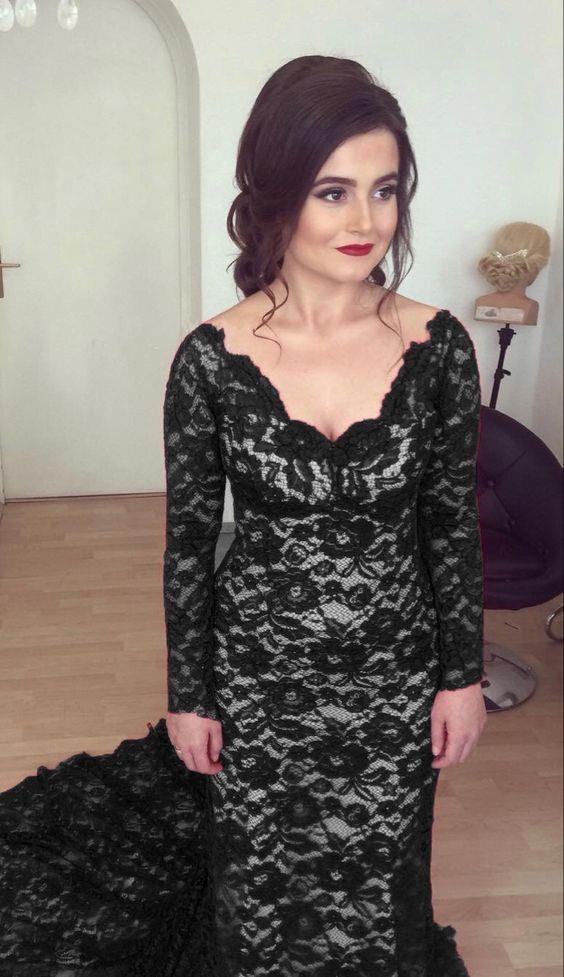 elegant black lace v neck long sleeves mermaid prom dresses for formal events CD23203