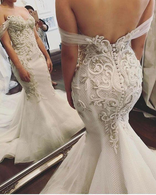 Elegant Mermaid Lace Wedding Prom Dress Sheer Off Shoulder Applique Tulle Bridal Gown CD23219
