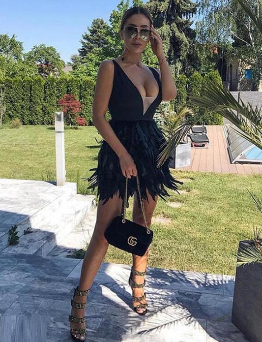 Stylish A Line Deep V Neck Black Short Homecoming Dresses With Feather CD2328