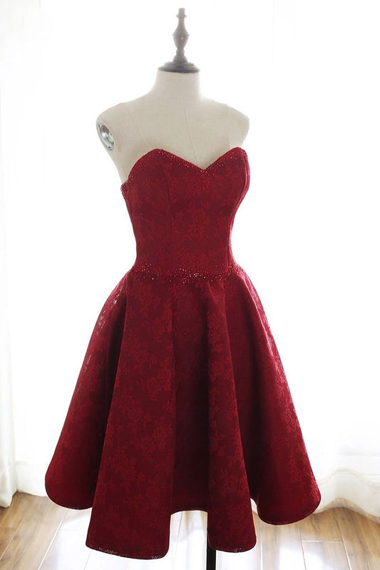 Short Burgundy Lace Homecoming Dress, Maroon Lace Formal Evening Dress CD23336