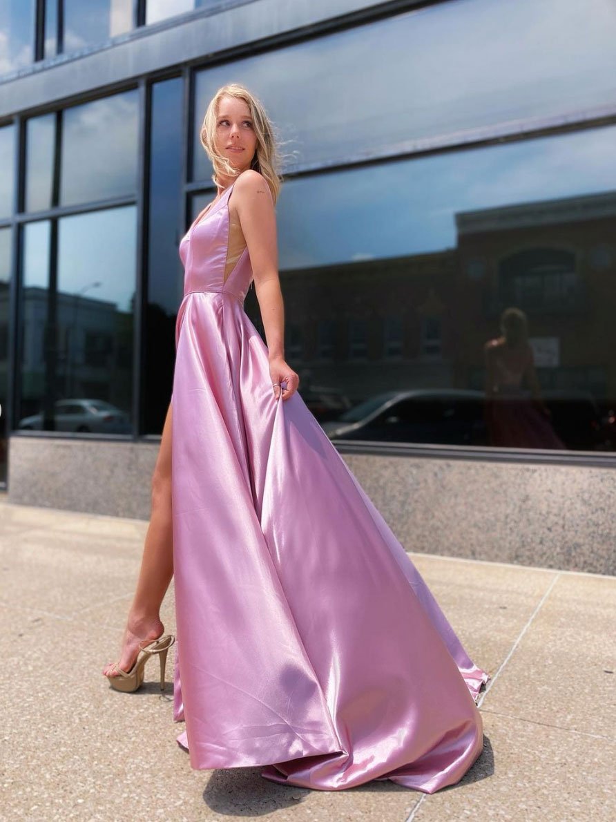 Simple pink satin long prom dress, pink long bridesmaid dress CD23373