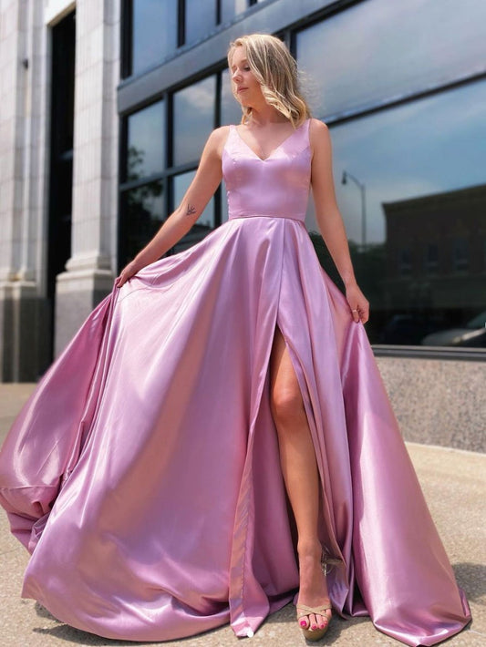 Simple pink satin long prom dress, pink long bridesmaid dress CD23373