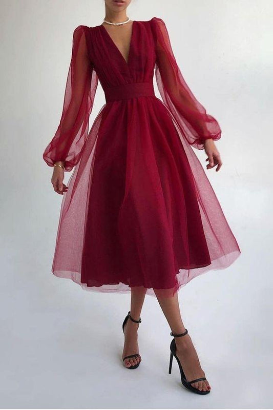 Tulle Burgundy Short Prom Dress with Sheer Sleeves CD23379
