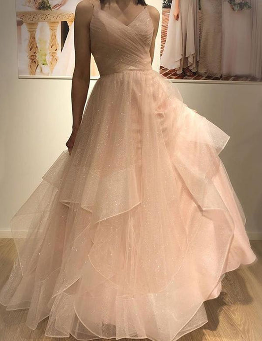 Beautiful A Line Spaghetti Straps Champagne Prom Dresses With Ruffles CD2337