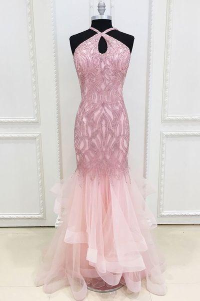 Sparkly Beads Pink Mermaid Long Prom Dress CD23400