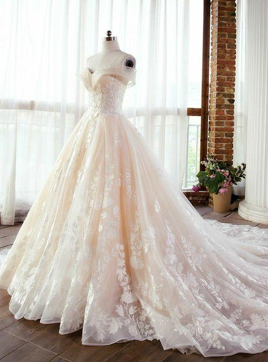 wedding dress Long Tulle Prom Dress With Lace off the shoulder CD23420