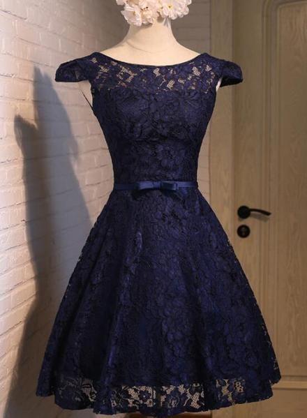 Beautiful Lace Navy Blue Short Party Dress, Lace Homecoming Dress CD23517