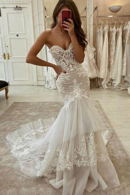 Elegant Sweetheart Tulle Lace Mermaid Wedding Dress Two-layer Trailing prom dress CD23534