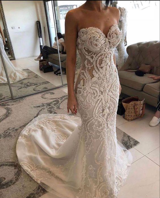 Elegant Sweetheart Tulle Lace Mermaid Wedding Dress Trailing prom dress CD23538