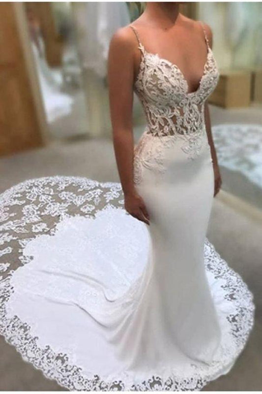 Glamorous Spaghetti-Straps Lace Wedding Dress Mermaid Bridal Gowns prom dress CD23540