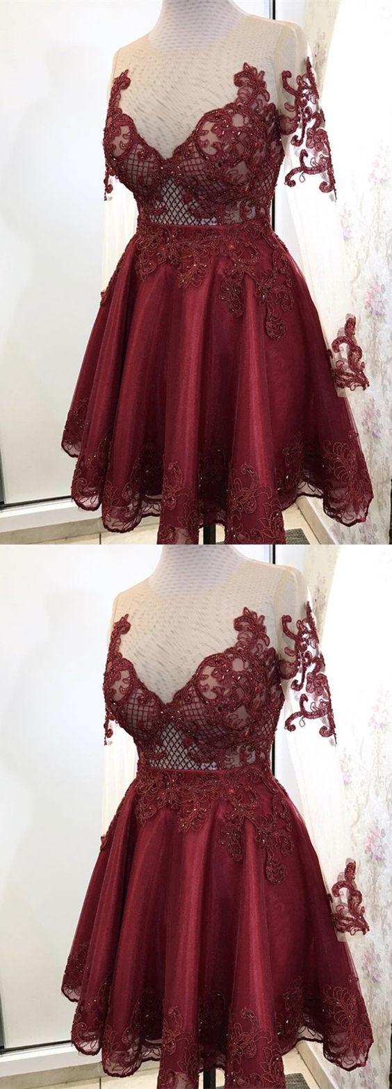 Elegant Burgundy Tulle Homecoming Dresses Lace Long Sleeves CD2354