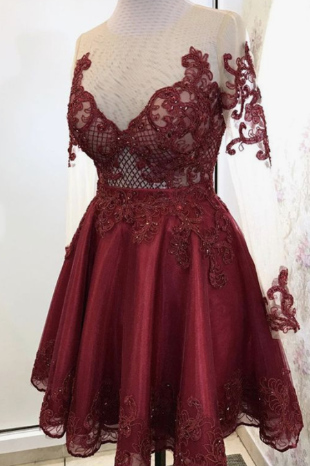 Elegant Burgundy Tulle Homecoming Dresses Lace Long Sleeves CD2354