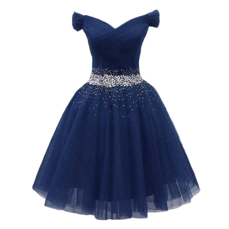 Navy Beaded Sweetheart Off Shoulder Tulle Homecoming Dress CD23552