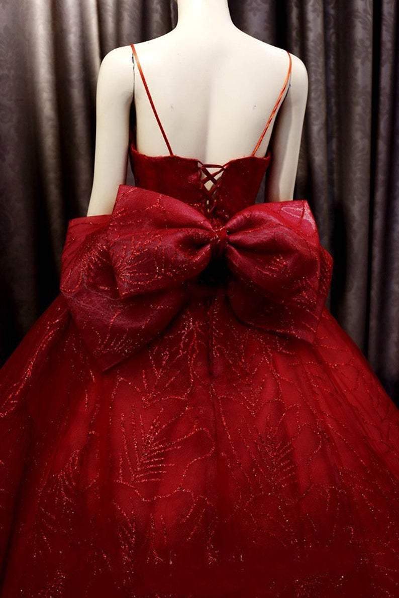Deep red sparkle beaded thin strap V neck ball gown wedding dress with bow back, sweep train & glitter tulle Prom Dress CD23574