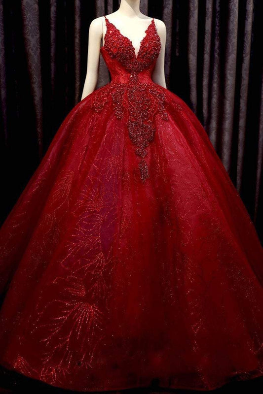 Deep red sparkle beaded thin strap V neck ball gown wedding dress with bow back, sweep train & glitter tulle Prom Dress CD23574