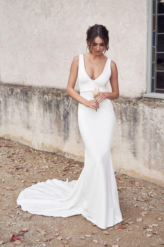 Chic Mermaid V Neck Open Back White Heavy Satin Wedding Dresses with Button Prom Dresses CD23579