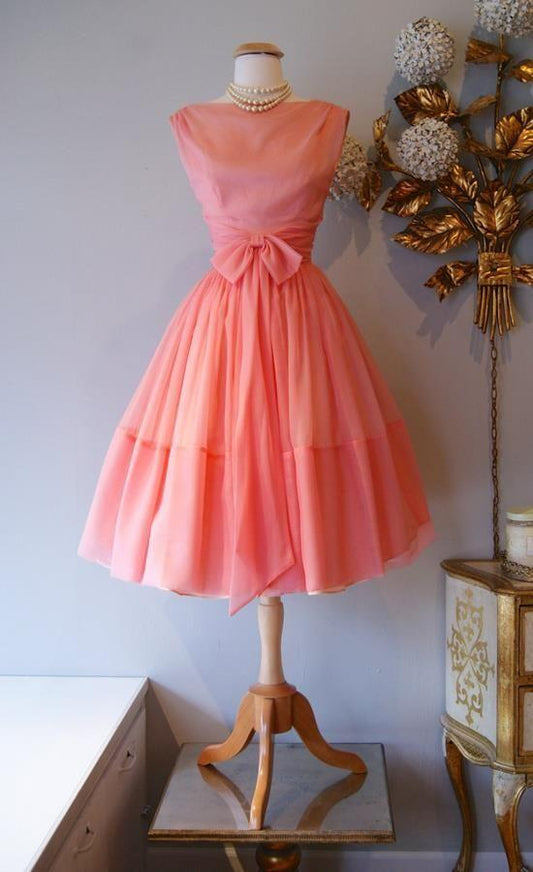 1950S Vintage Ball Gown Homecoming Dresses Crew Neck Coral Mini Short Cocktail Dresses