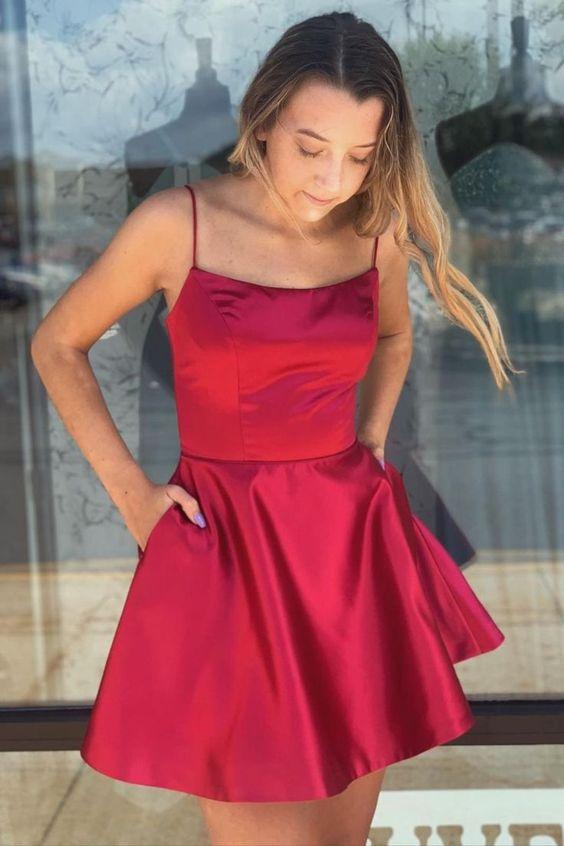 red A-line short homecoming dress with pockets CD23671