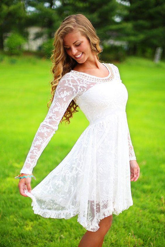 White homecoming dress with long sleeves, short beach wedding dress CD2370