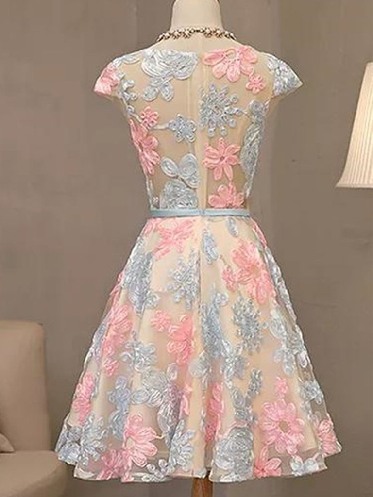 Cap Sleeves Colorful Lace Homecoming Dresses, Short Colorful Lace Formal Evening Dresses CD23715