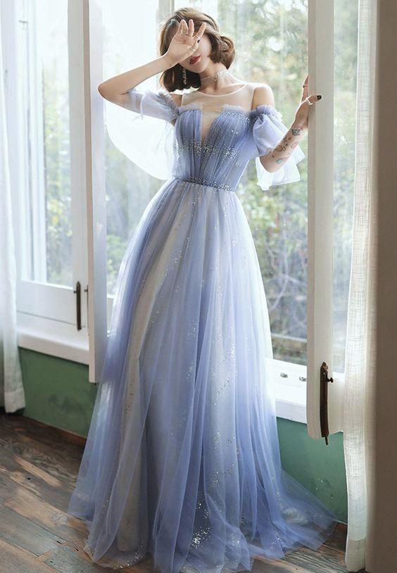 Blue tulle long prom dress blue evening dress CD23720