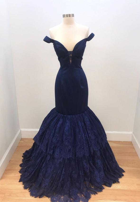Blue lace long prom dress mermaid evening dress CD23758
