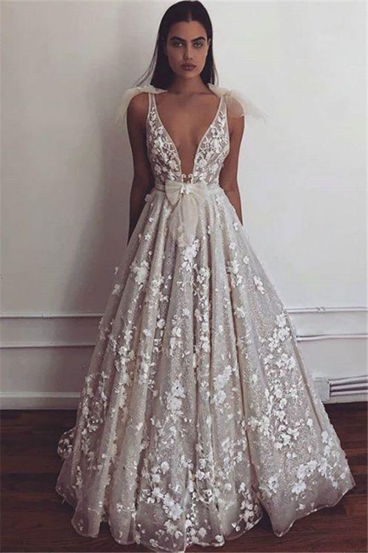 Bows V-Neck A-Line Elegant Sleeveless Lace Wedding Dresses Prom Dresses CD23836