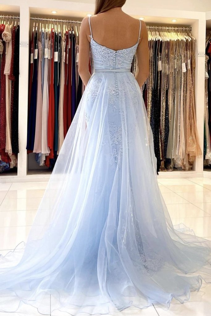 Thin Straps Mermaid Open Back Light Blue Lace Long Prom Dress, Mermaid Light Blue Formal Dress CD23876