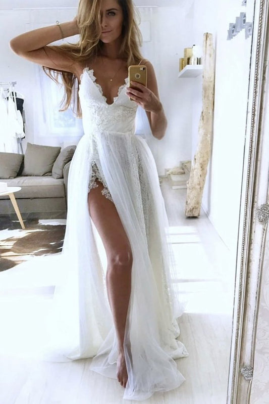 A Line V Neck White Lace Long Prom Dress with High Slit, V Neck White Lace Wedding Dress CD23878
