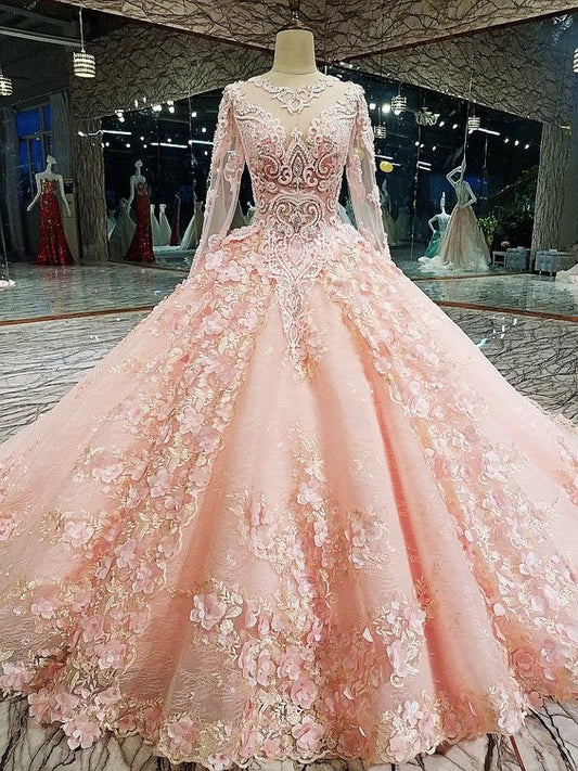 Long Sleeve Appliques Tulle Quinceanera Dresses with Flower, Elegant Beaded Ball Gown Prom Dresses, Formal Evening Dress CD23892