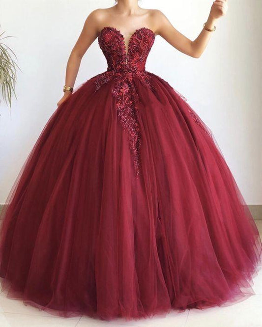 Burgundy ball gown sweetheart prom dresses lace embroidery CD23903