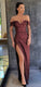 Off-shoulder Sheath Long Burgundy Prom Dresses With Split CD23937