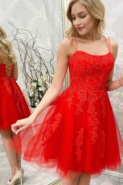 Cute Straps Lace Applique Red Lace Homecoming Dress CD23954
