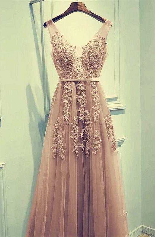 Lace Prom Dresses champagne tulle bridesmaid dresses appliques CD23976