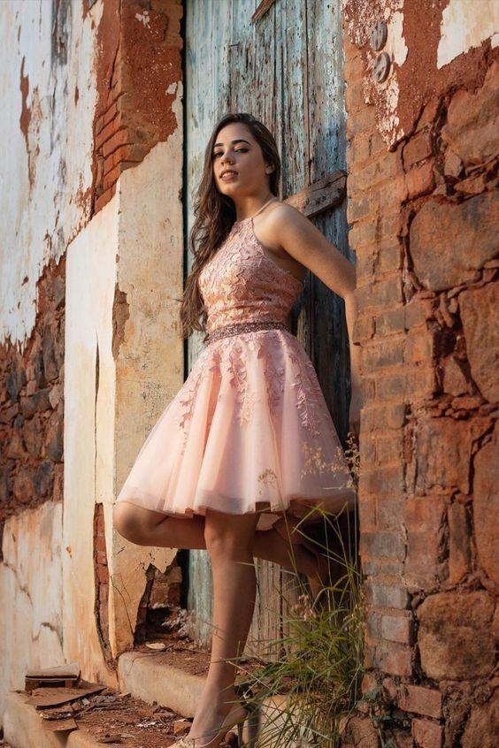 Pink Halter Appliqued Homecoming Dress with Beading Belt CD24031