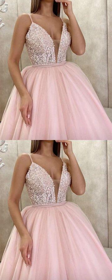 Blush pink prom dresses ball gown plunge neck sequins top for sweet 16 CD24048