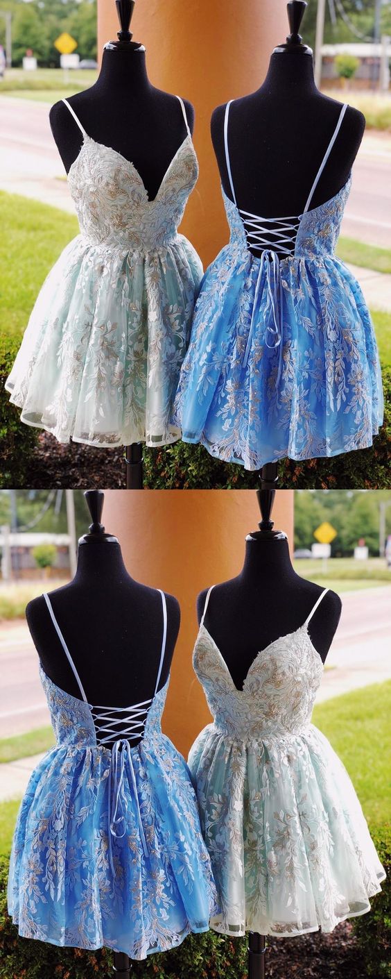 unique blue lace homecoming dresses, formal a line back to school dresses CD2408
