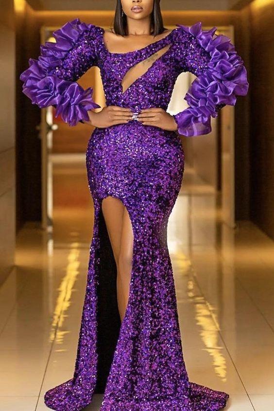 Sparkly shining Purple sequin prom dress with slit, women evening gowns, African women prom dresses, African wedding guest dress CD24092