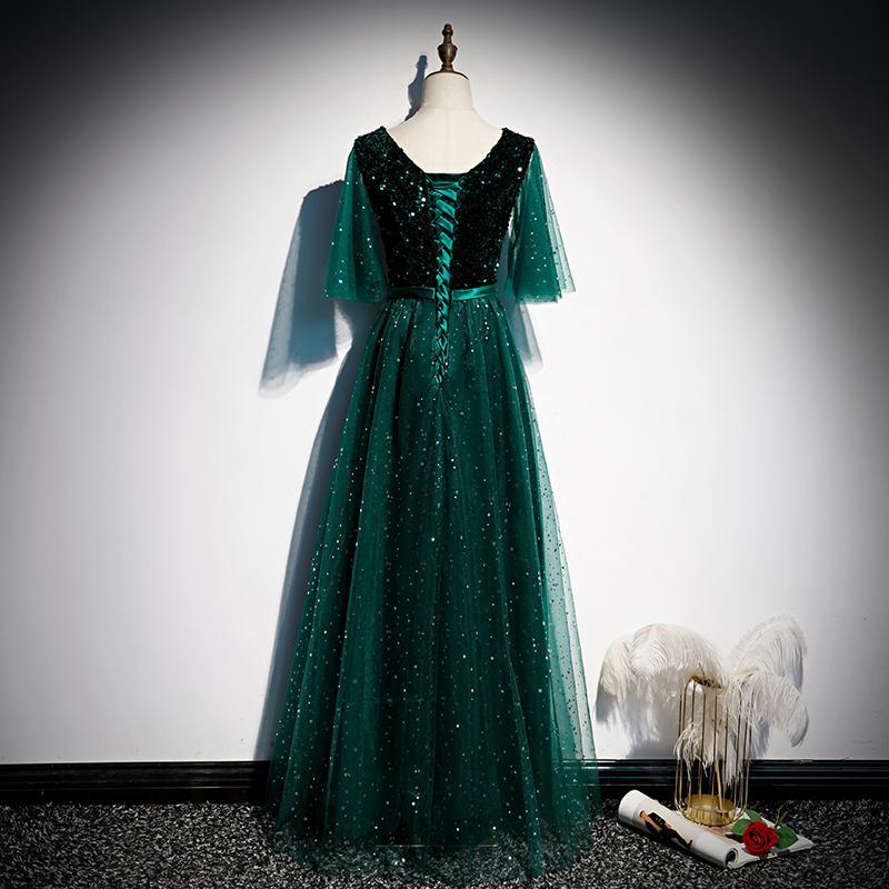 Dark Green V-Neckline Shiny Tulle And Sequins Long Formal Prom Dress, Green Bridesmaid Dresses CD24109