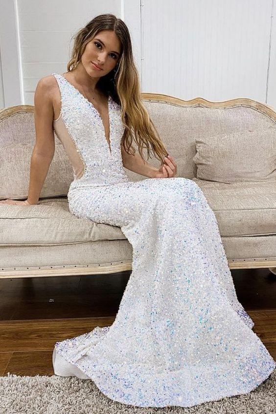 Sparkle Mermaid White Long Prom Dress CD24174