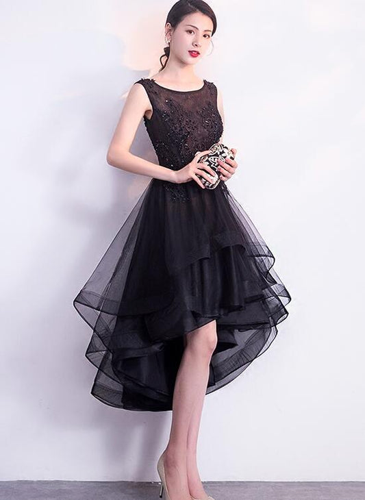 Black High Low Tulle Round Neckline Lace Homecoming Dress CD24224