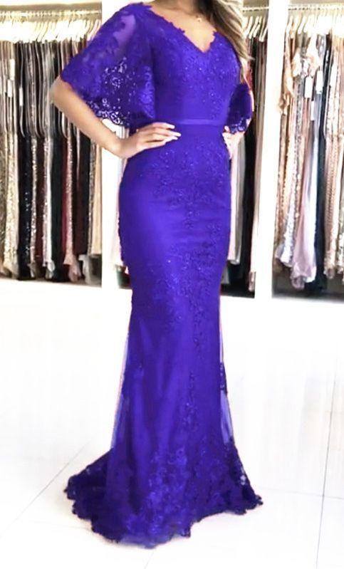 Elegant purple lace mermaid prom dresses with sleeves CD24247