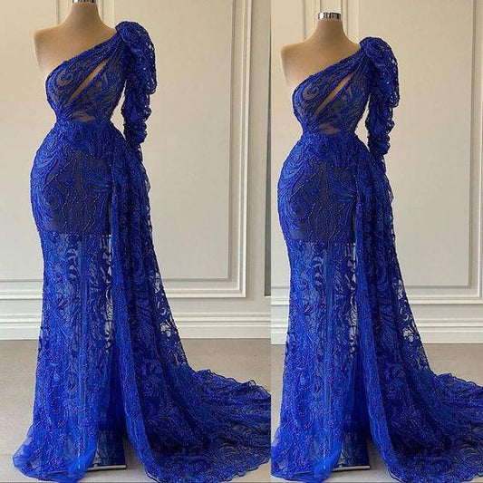 one shoulder royal blue evening dresses long sleeve lace applique beaded elegant modest formal prom dresses CD24251