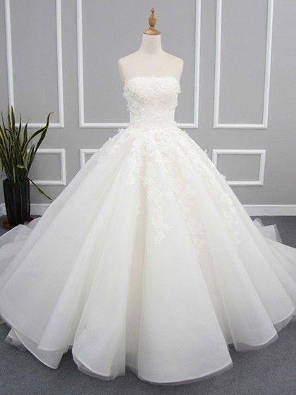 Ball Gown Strapless Organza Tulle Chapel Train with Appliques Lace Wedding Prom Dresses CD24258