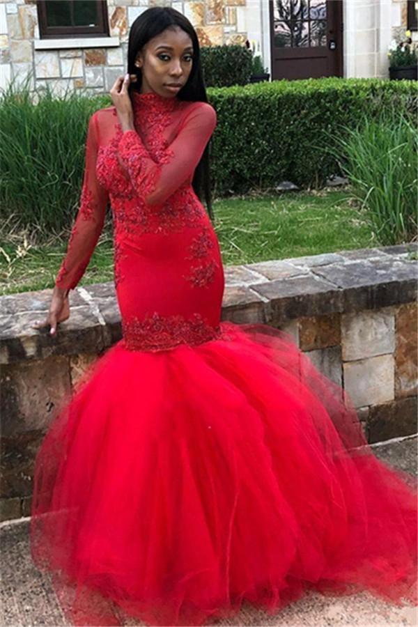 Cheap Prom Dresses Mermaid Red Long Sleeves See Through High Neck With Appliques CD24271