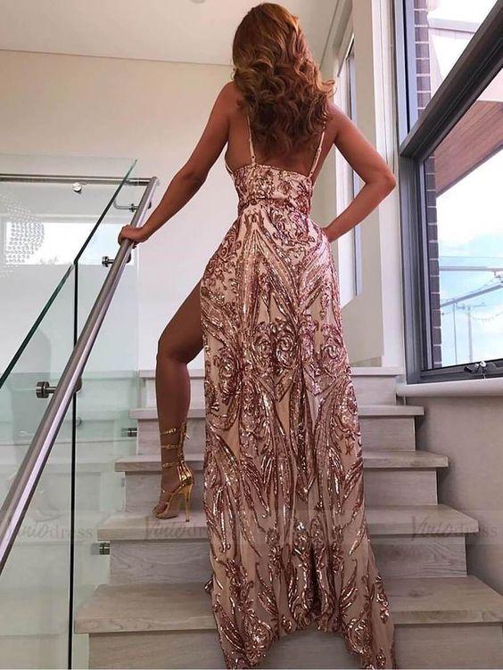 Sexy Gold Sequin Long Prom Dresses with Slit CD24296